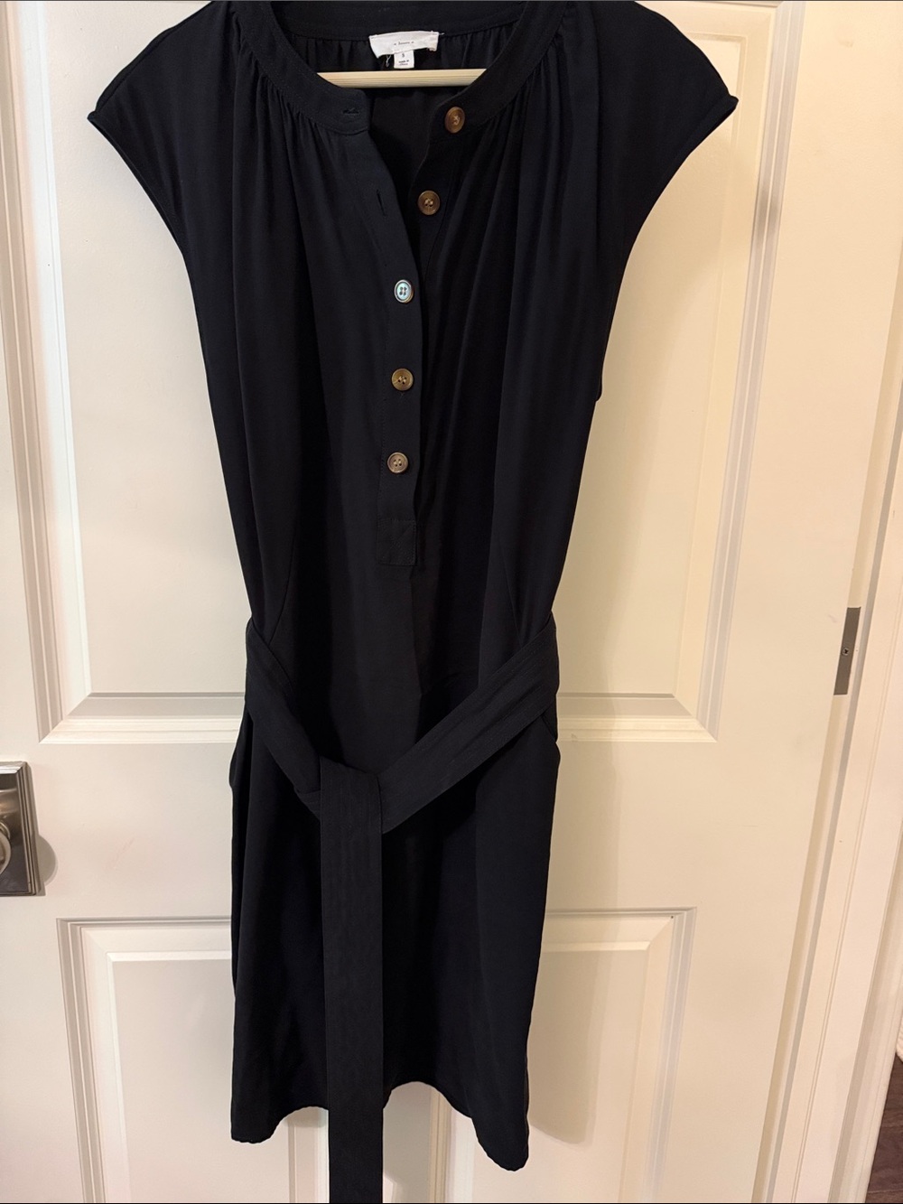 Black Cap-Sleeve Belted Dress